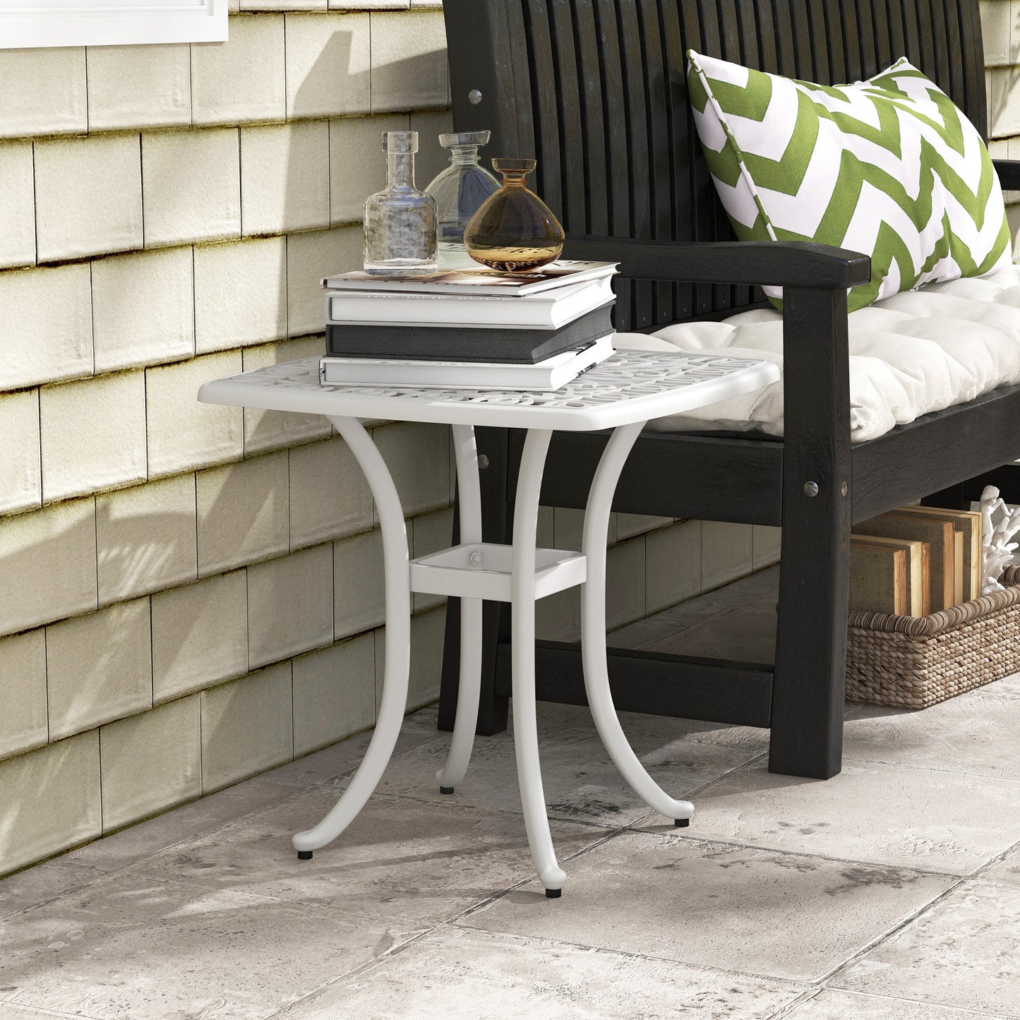 Cast Aluminium Garden Bistro Side Table | 53x53x53cm | Floral Cut-Out Design | Umbrella Hole 3.5cm | Curved Legs | Adjustable Feet | 50kg | White