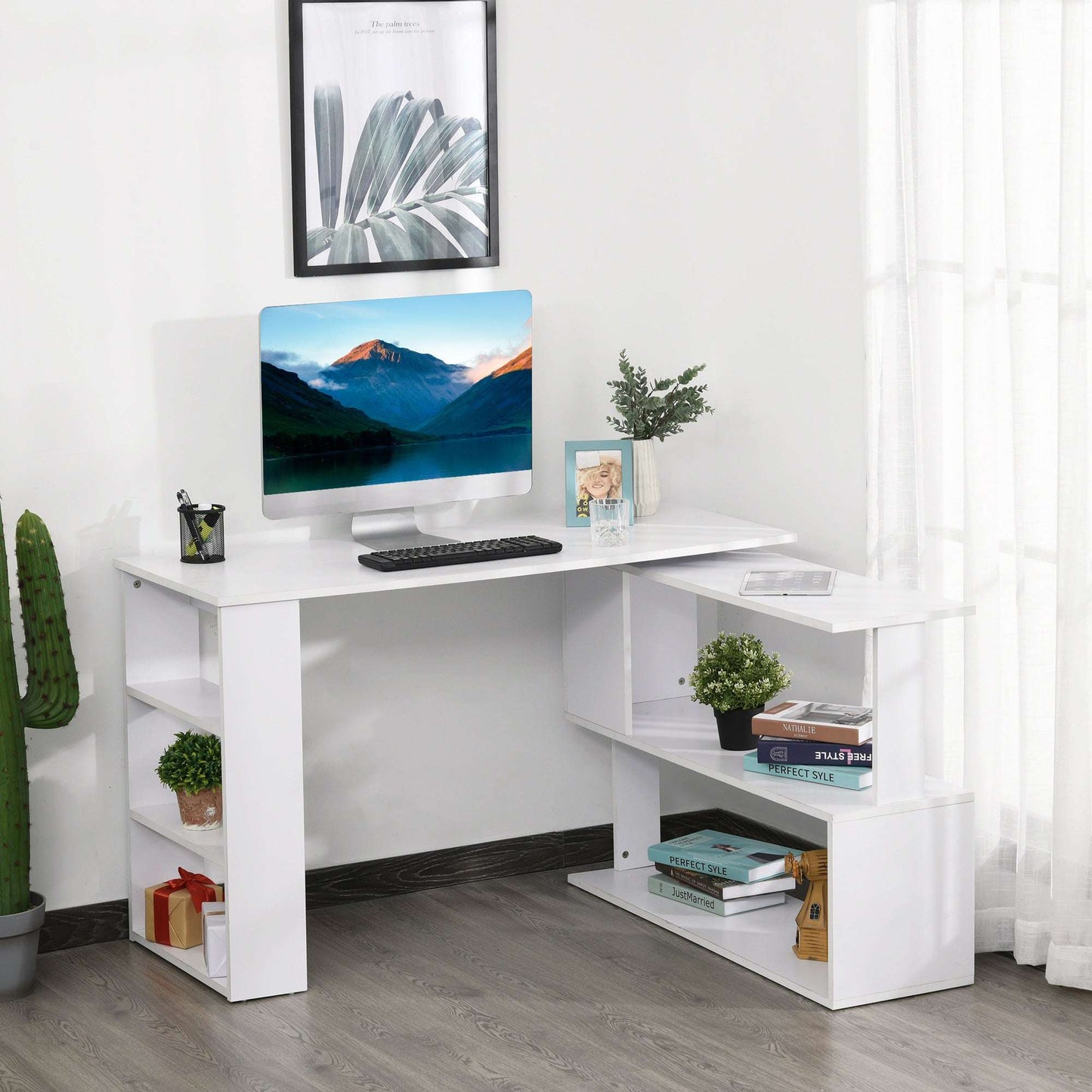 Corner Computer Desk, L Shaped Desk with 360° Rotating Bookshelf, 120L x 110W x 74.5H cm, White
