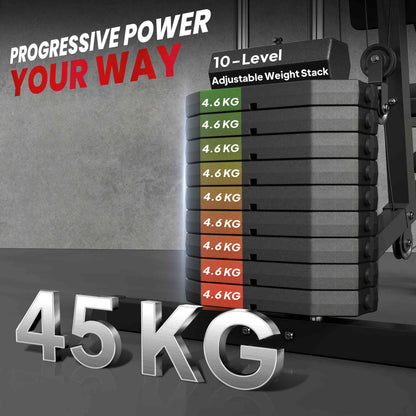 Multi Gym Station | Black | 148x108x207cm | 45kg Weight Stack | 10 Blocks | Chest Press | Butterfly Press | Leg Developer | 0-90° Arm Rotation | 120kg Max | Steel & PU