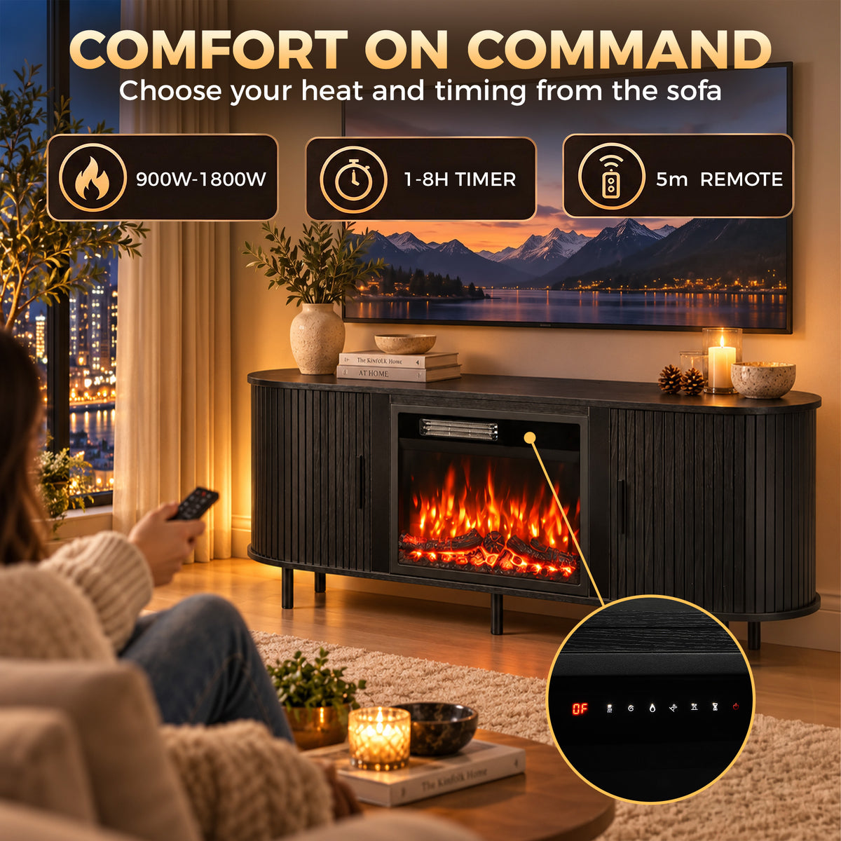 Electric Fireplace TV Stand | TVs up to 70 Inch | 150cm Black Fluted Storage Unit | 900W/1800W, 12 Flame Colours & Remote