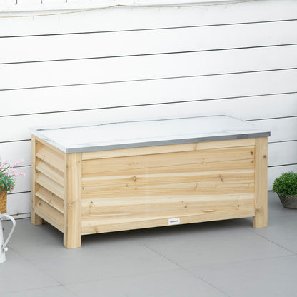 Outsunny 155L Outdoor Storage Box with Metal Top and Shutter Walls, Wooden Outside Tool organiser Container, for Garden, terrace