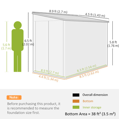 5 x 9ft Galvanised Metal Garden Shed with Foundation Kit, Outdoor Lean-to Shed, Tool Storage House with Lockable Doors, Grey