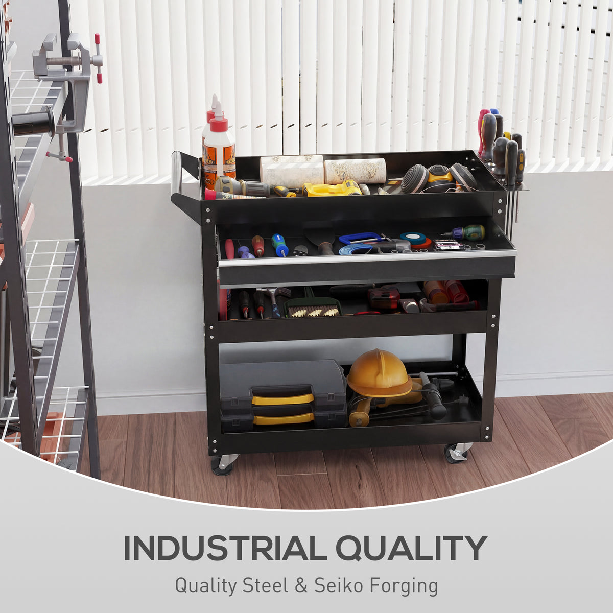3-Tier Steel Tool Trolley Cart with Rolling Wheels & Brakes | 3 Storage Trays | Side Handle | 60kg Total Capacity | Scratch & Corrosion Resistant | 82x35x76cm | Garage Workshop | Assembly Required | Black