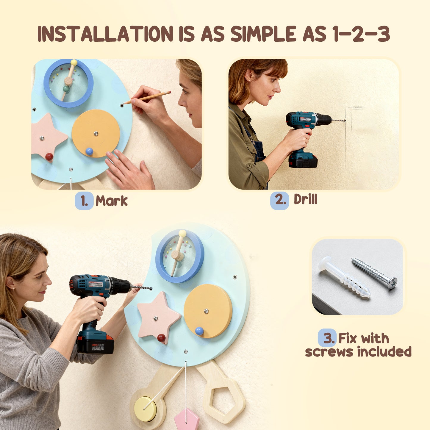 AIYAPLAY Caterpillar Busy Sensory Board with 7 Activities, for Nursery, Playroom, Home, for 3+ Years