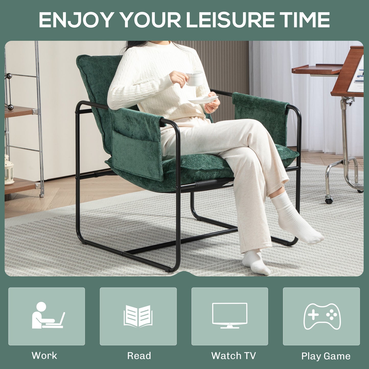 Minimal Padded Accent Chair, with Pockets - Green