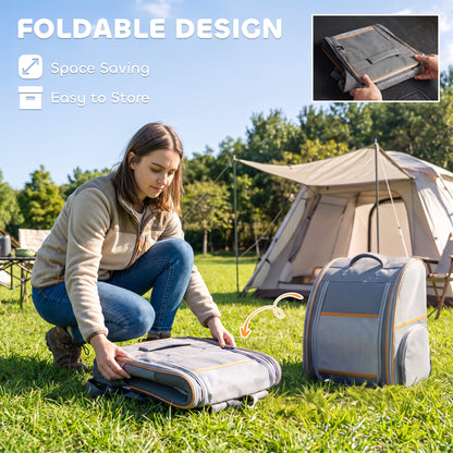 Foldable Pet Backpack Carrier | Breathable Mesh Windows | Removable Rigid Base | 600D Waterproof Oxford | Side Storage | 37.5x34x42cm | Folds to 43x39x9cm | 5kg | Cats Dogs Rabbits | Grey