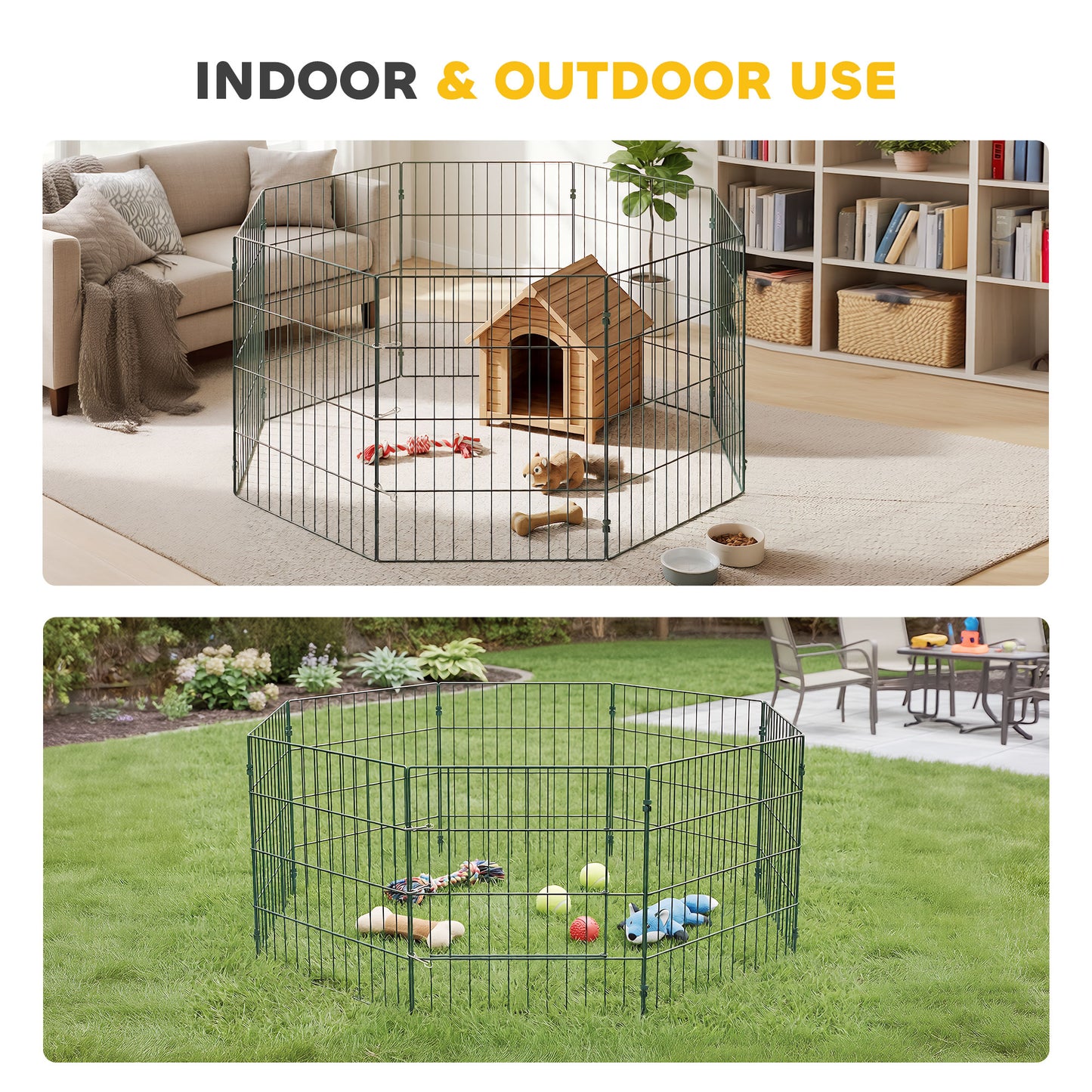 8-Panel Dog Playpen & Puppy Pen | Soft PE Coating | Configurable Shapes | 4 Outdoor Stakes | Foldable | Suits Dogs Under 15kg | 60cm Height | Green