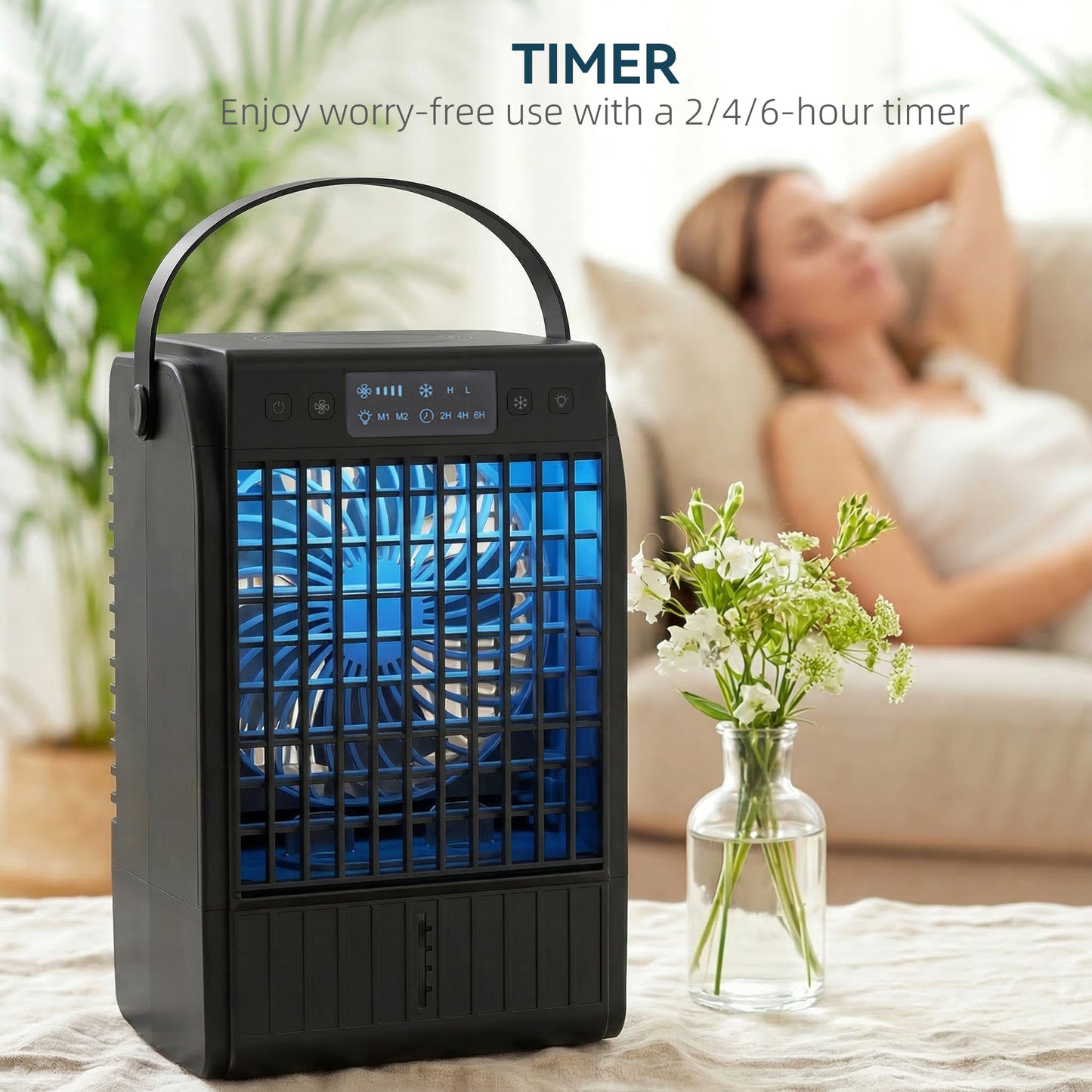 Portable Air Conditioner, 4-in-1 Mini Air Cooler with 4 Wind Speed, 2 Cool Mist, RGB 7 LED Light, Black / White