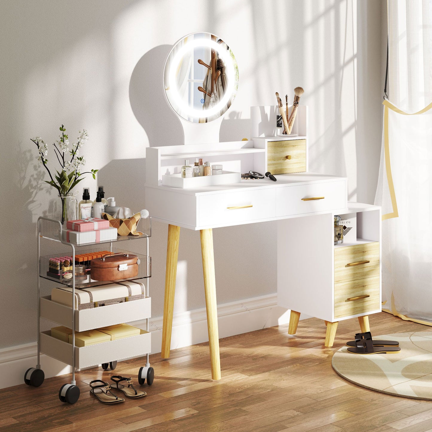Elegant Dressing Dresser Table Vanity Desk, with Storage - White