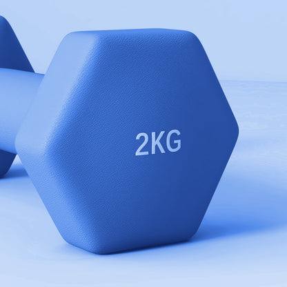SPORTNOW 2x2kg Hexagonal Dumbbell Set | Blue | 16x7.5x7.5cm Each | Ø3.3x11cm Handle | Plastic-Coated | Non-Slip Grip | Anti-Roll Hex Design | Floor-Safe | Home Gym Workout