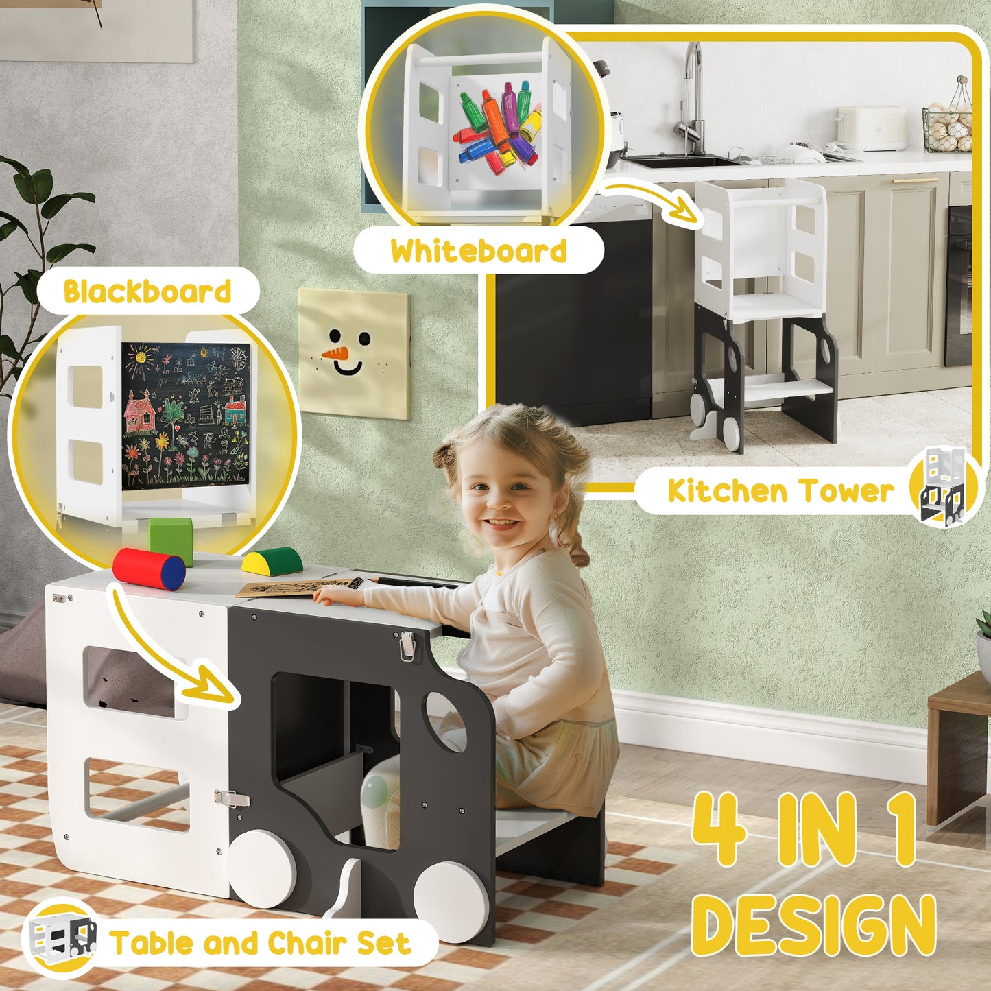 AIYAPLAY Toddler Step Stool, 4 in 1 Standing Tower, Foldable Toddler Step with Safety Rail, for Kitchen, Bathroom, Grey