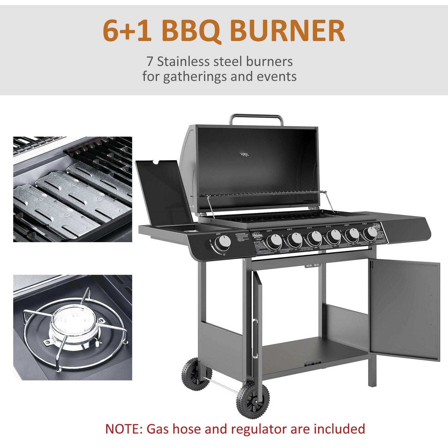 6+1 Burner Gas BBQ Grill, Outdoor Barbecue Trolley with Wheels, Warming Rack, Side Shelves, Cabinet, Thermometer for Garden, Party, Camping