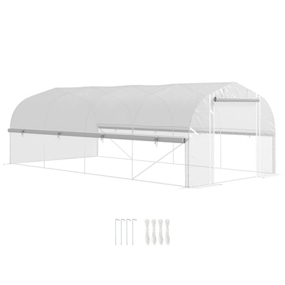 6 x 3 x 2m Walk-in Polytunnel Greenhouse, Zipped Roll Up Sidewalls, Mesh Door, 8 Mesh Windows, Tunnel Warm House Tent, Complimentary Plant Labels and Gloves, White