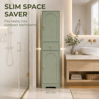 Tall Slim Bathroom Cabinet | Light Green | Particleboard MDF | 40x29.5x170cm | 2 Cupboards Drawer | Adjustable Shelf | Arched Doors Gold Knobs | Melamine | Anti-Tip Kit | 75kg