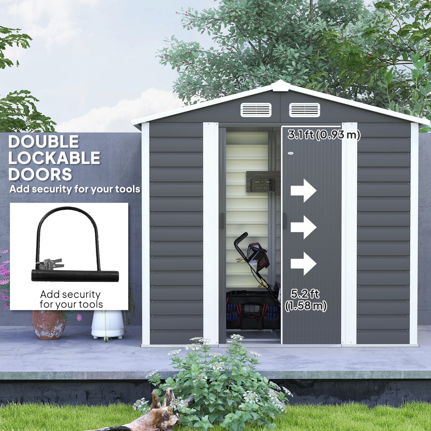 7 x 4ft Metal Garden Shed, Galvanised Steel Shed W/ Double Lockable Doors, Vents and Gloves, Outdoor Tool Storage Shed for Garden, Patio, Dark Grey