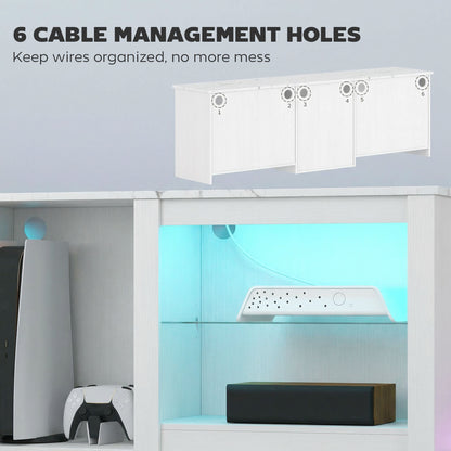 70" TV Stand with RGB LED Lights & Storage – 16 Modes, 7 Colours, 5 Compartments, Adjustable Glass Shelves, Cable Management, Marble-Effect Top – White