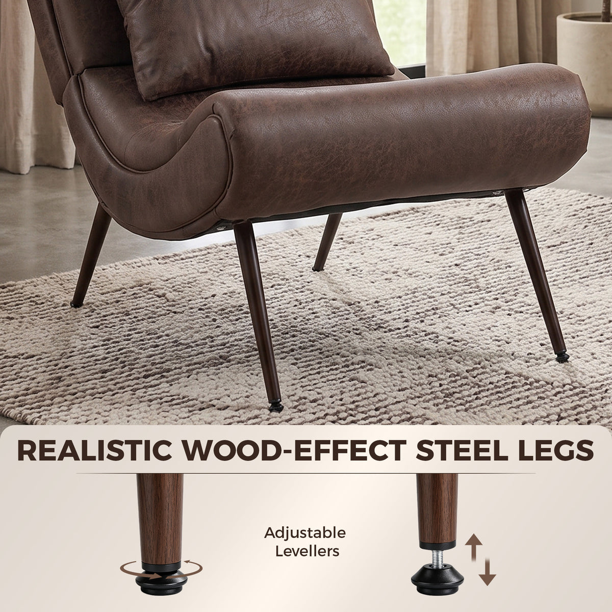 Dark Brown Accent Chair with Footstool | Upholstered Lounge Chair, Lumbar Pillow & Vintage Style | 120kg