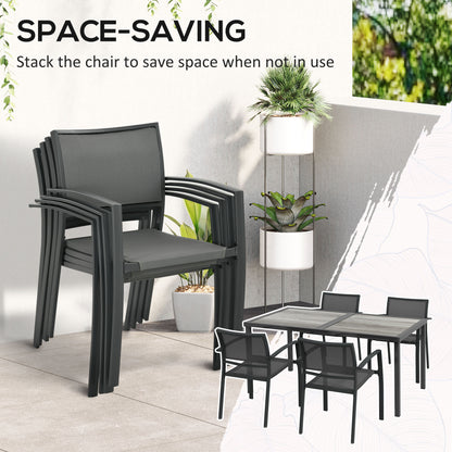 5-Piece Garden Dining Set | 150cm Wood-Effect Table | 4 Stackable Mesh Armchairs | Powder-Coated Steel | 120kg Per Chair | Rustic Design | 150 x 87 x 72cm | Grey