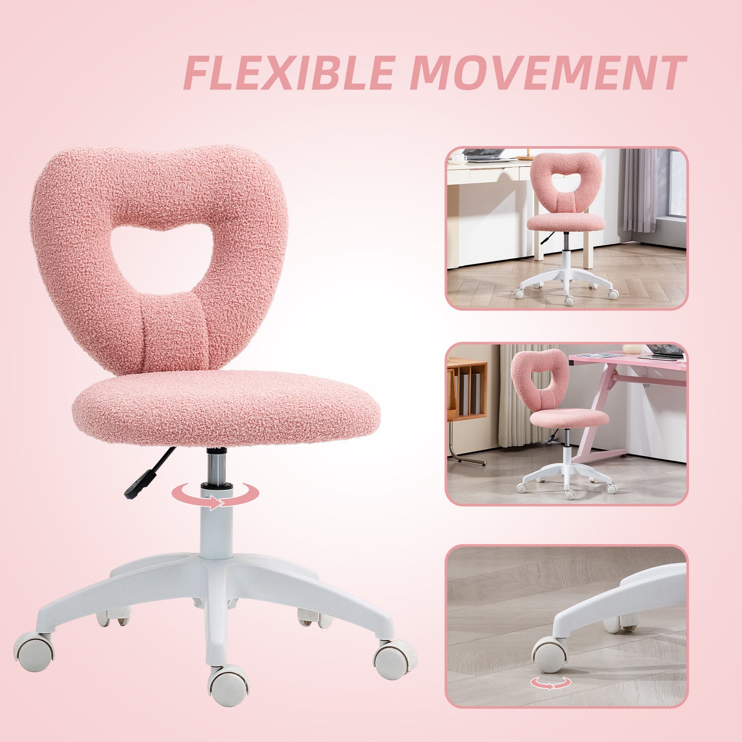 Armless Heart Computer Desk Chair, Teddy Fleece Swivel Office Chair, Makeup Vanity Chair with Height Adjustable, Wheels, for Home Bedroom Pink