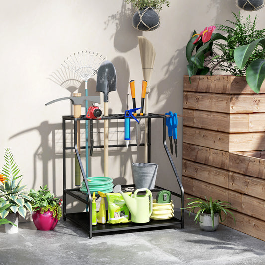 3-Tier Garden Tool Storage Rack | 20+ Tools | 5 G-Hooks & 6 Side Hooks | Adjustable Feet | Corner-Fit | Black