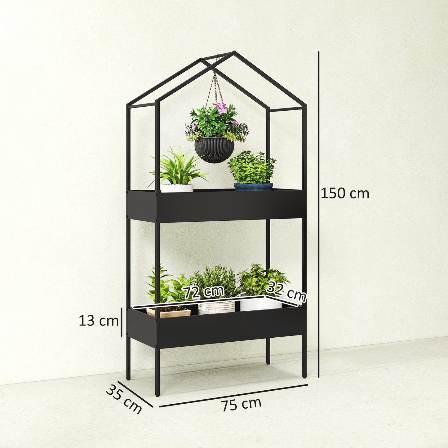 2-Tier House-Shaped Plant Stand with Top Hook | Powder-Coated Metal | 13cm Raised Edges | Adjustable Levelling Feet | 40kg per Tier | 80kg Total | 75x35x150cm | Indoor & Outdoor | Black