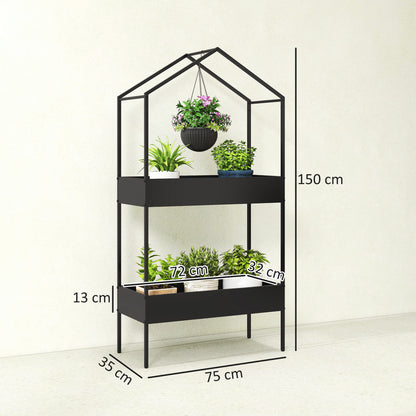 2-Tier House-Shaped Plant Stand with Top Hook | Powder-Coated Metal | 13cm Raised Edges | Adjustable Levelling Feet | 40kg per Tier | 80kg Total | 75x35x150cm | Indoor & Outdoor | Black