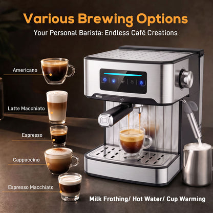20-Bar Espresso Machine | Cappuccino Coffee Maker | Milk Frother | 1.6L Tank | LED Touch | Single & Double Shot | Black