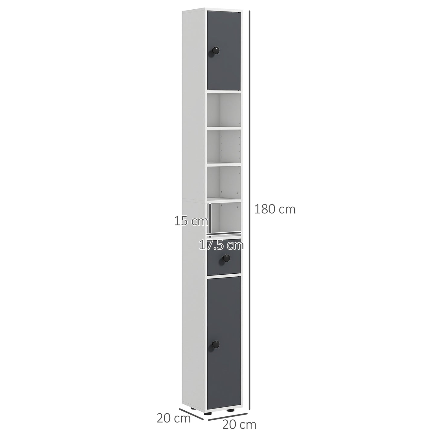 Kleankin 180cm Tall Slim Bathroom Cabinet, Narrow Toilet Roll Storage with Open Shelves, 2 Door Cabinets, Adjustable Shelves, for Kitchen, Hallway, Living Room, Grey