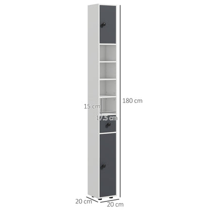 Kleankin 180cm Tall Slim Bathroom Cabinet, Narrow Toilet Roll Storage with Open Shelves, 2 Door Cabinets, Adjustable Shelves, for Kitchen, Hallway, Living Room, Grey