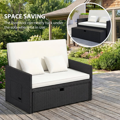 Outsunny Rattan Garden Daybed, Assembled Double Sun Lounger with 5-Level Adjustable Back, Storage Ottoman, Cream White
