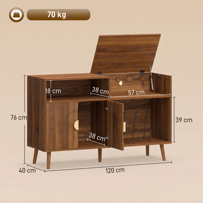 Record Player Stand with Vinyl Storage for 300 Albums | 5 Record Slots | Flip-Top Compartment | Double-Door Cabinet | Cable Hole | Pine Legs | Melamine Finish | 120x40x76cm | Walnut Brown or Black