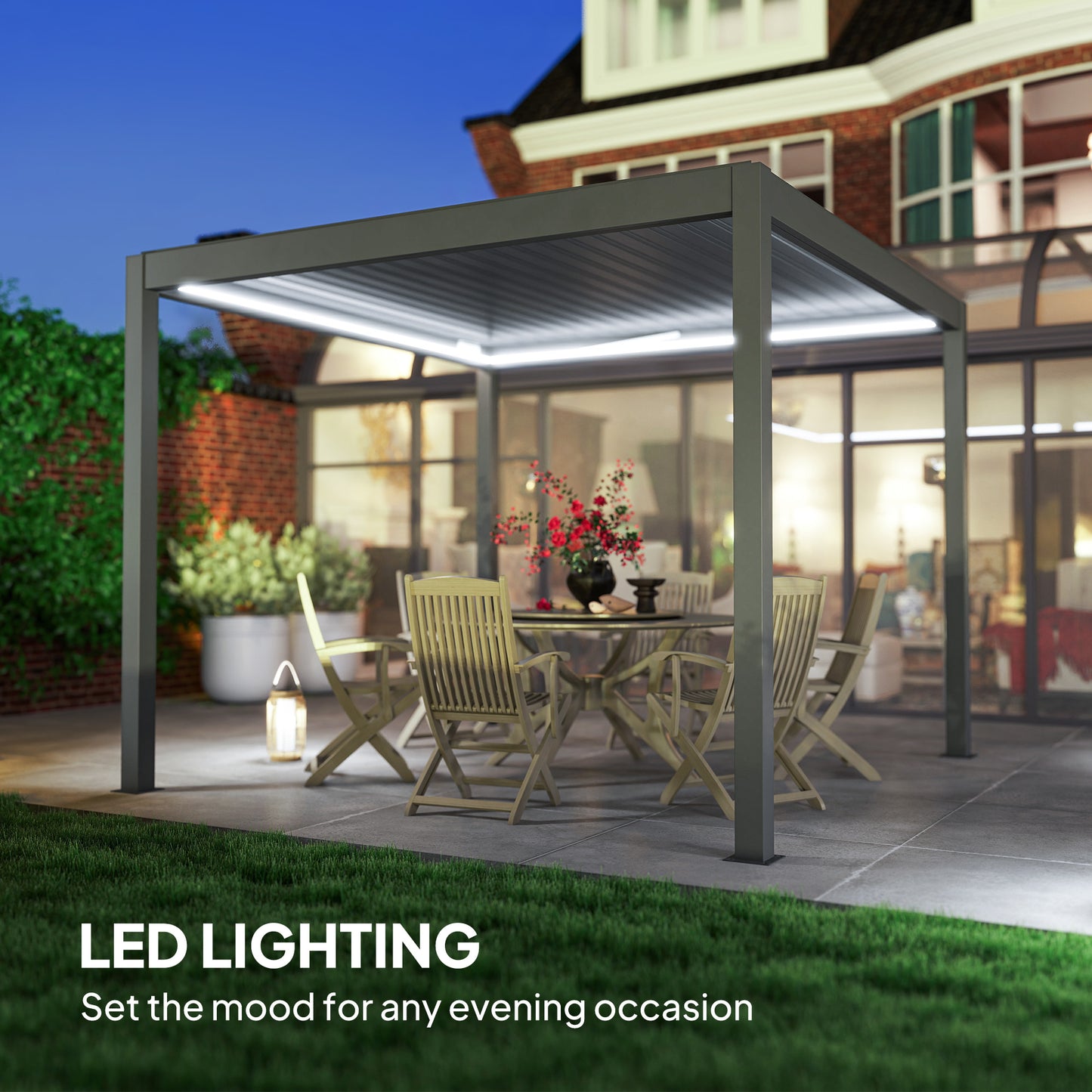 3 x 3(m) Electric Louvered Pergola with LED Lights, Aluminium Pergola Hardtop Gazebo with Remote, Adjustable Roof and Drainage System
