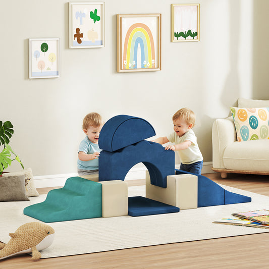 Kids 7-Piece Soft Play Set | Foam Climb & Crawl Blocks | Detachable Washable Cover | Ramps Arches | Indoor Toddler Gym | Ages 0-3 | Blue / Brown / Yellow