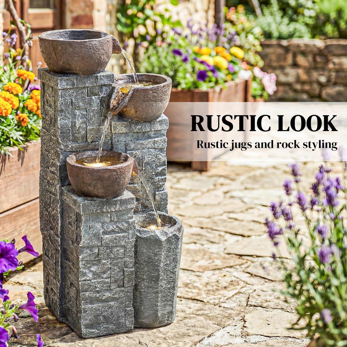 Compact 4-Tier Pot & Pillar Resin Waterfall Fountain | Hand-Painted | Warm White LED Lights | 3-Speed Adjustable Pump | 5W | 230V | 3m Cable | 26x25x50cm | Garden Patio & Balcony | Grey & Rustic Brown