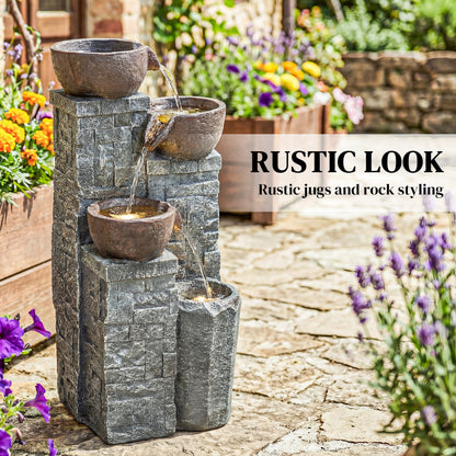 Compact 4-Tier Pot & Pillar Resin Waterfall Fountain | Hand-Painted | Warm White LED Lights | 3-Speed Adjustable Pump | 5W | 230V | 3m Cable | 26x25x50cm | Garden Patio & Balcony | Grey & Rustic Brown