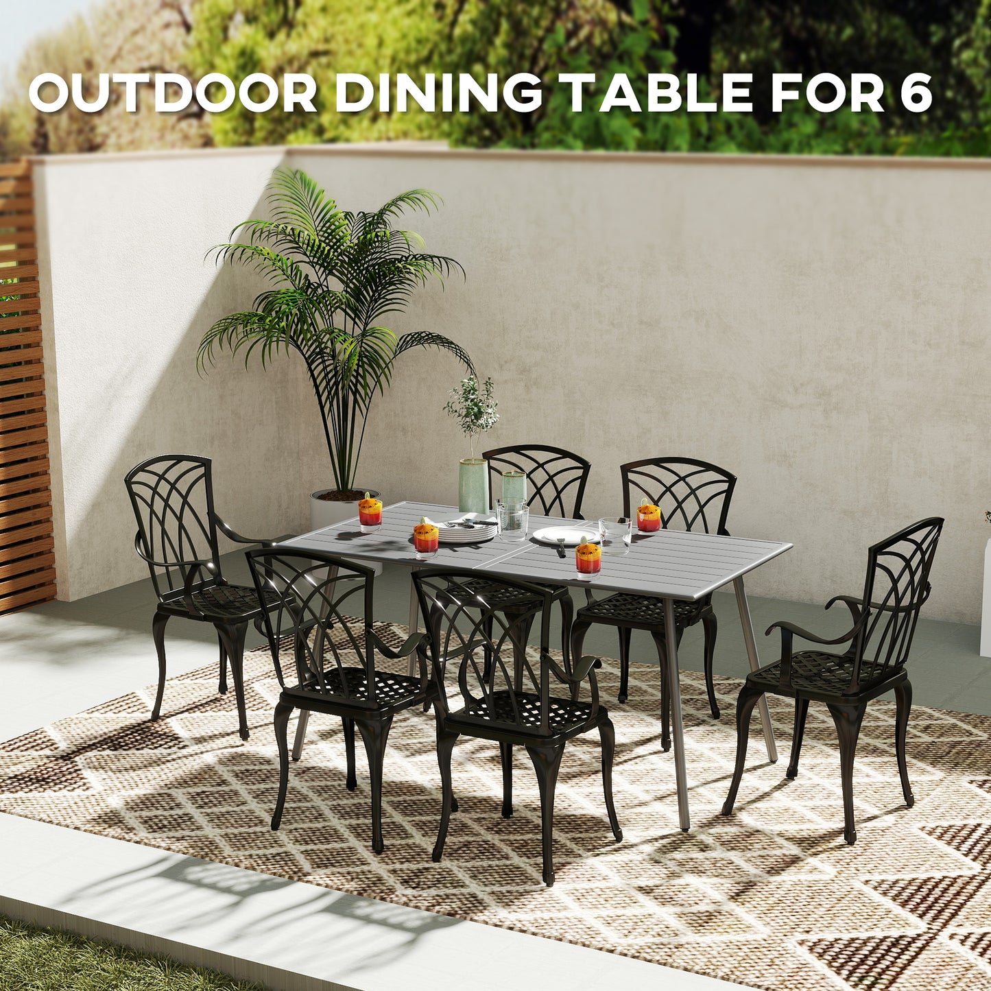 Outsunny Rectangle Garden Table with Slat Top, Steel Frame, Outdoor Table for 6 Person, 150 x 80 x 74 cm, Grey