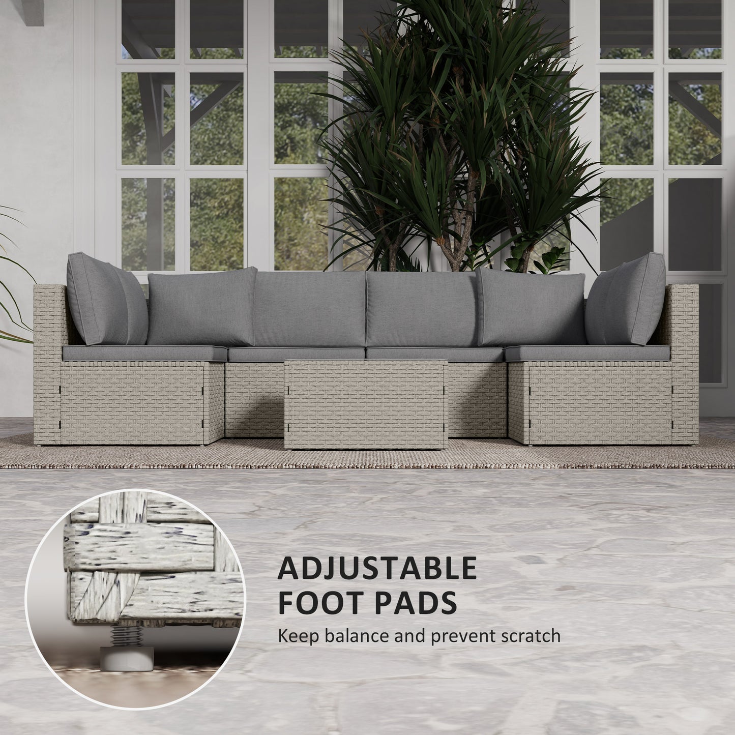 7 Pieces Rattan Garden Furniture Set, 6 Seater Garden Corner Sofa with Wide Seat, Glass Top Table, Sectional Outdoor Furniture Conservatory Set