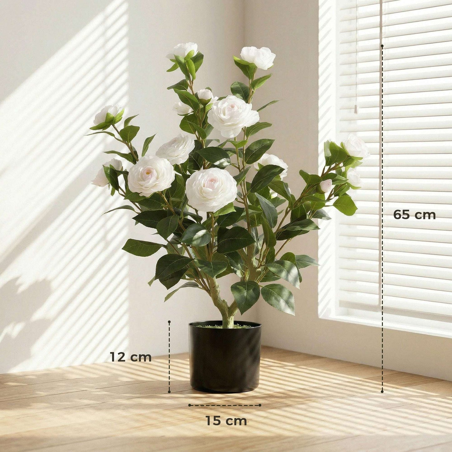 Artificial Camellia Flower Plant | 65cm | 116 PEVA Leaves | Silk Blossoms | Shapeable | Moss Effect Cement Pot | No Maintenance | White