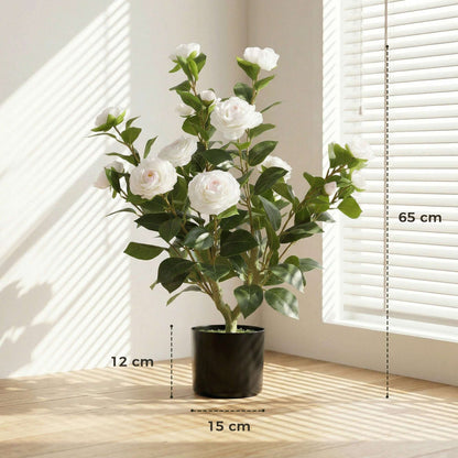 Artificial Camellia Flower Plant | 65cm | 116 PEVA Leaves | Silk Blossoms | Shapeable | Moss Effect Cement Pot | No Maintenance | White