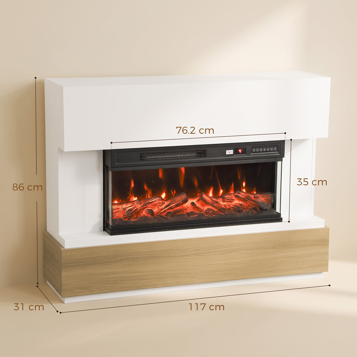 117cm Three-Sided Electric Fireplace Suite | White Surround & Wood-Effect Base | 900/1800W, 12 Flame Colours, Remote & 8-Hour Timer