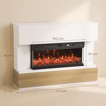 117cm Three-Sided Electric Fireplace Suite | White Surround & Wood-Effect Base | 900/1800W, 12 Flame Colours, Remote & 8-Hour Timer