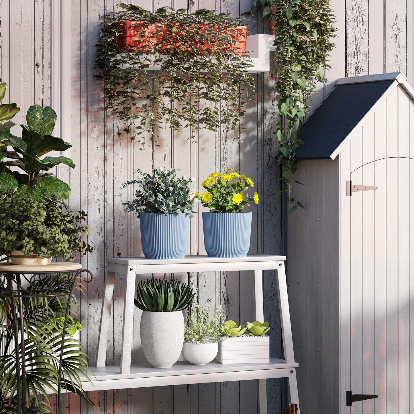 Outsunny Set of Two Ф22cm Planters - Blue / White