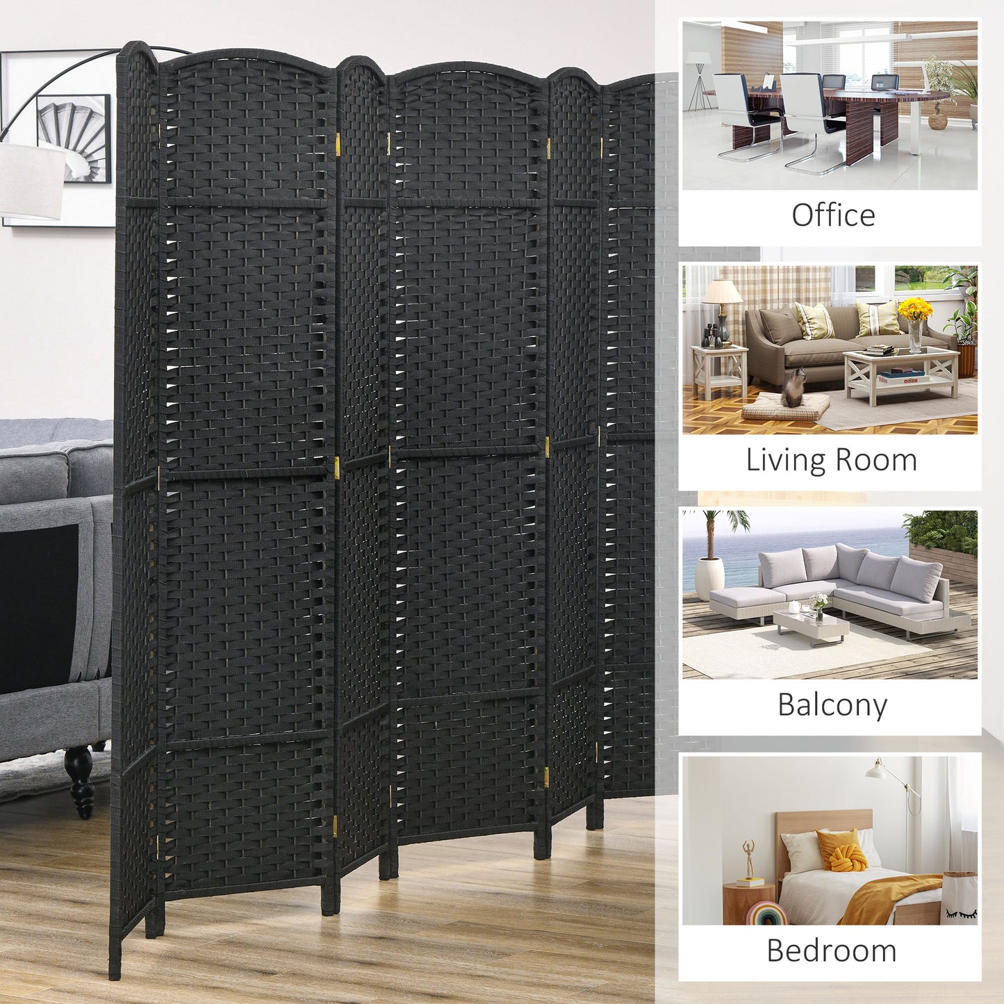 6 Panel Folding Room Divider, Freestanding Privacy Screen for Living Room, Bedroom and Office, 240 x 170cm, Black