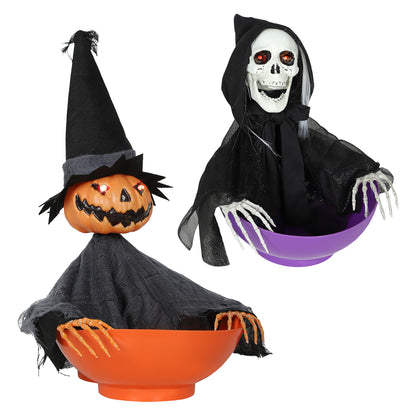 2 Pieces Animated Halloween Skull Bowl, Skeleton Ghost Skull Candy Dish with LED Eyes, Moving Body and Creepy Sound for Party Decoration, Festival Haunted Houses