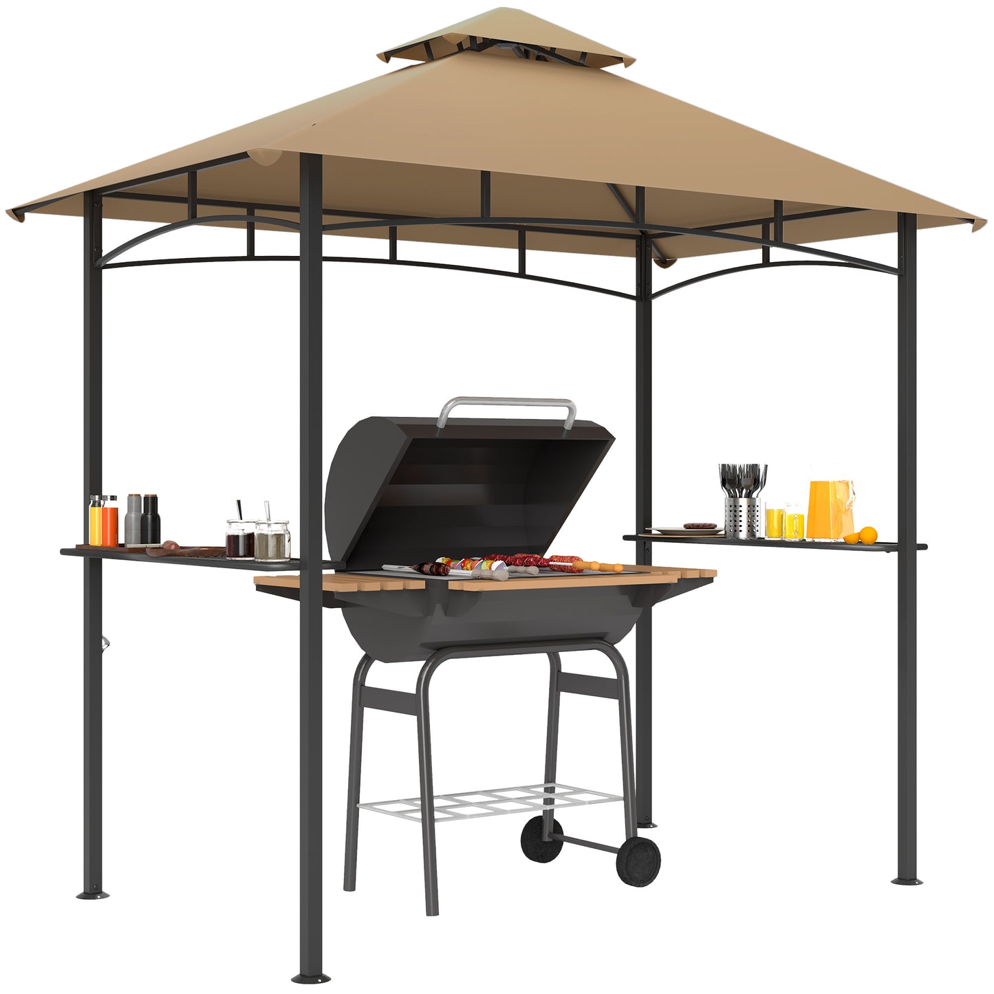 2.5M (8ft) New Double-Tier BBQ Gazebo Shelter Grill Canopy Barbecue Tent Shelter Patio Deck Cover - Khaki