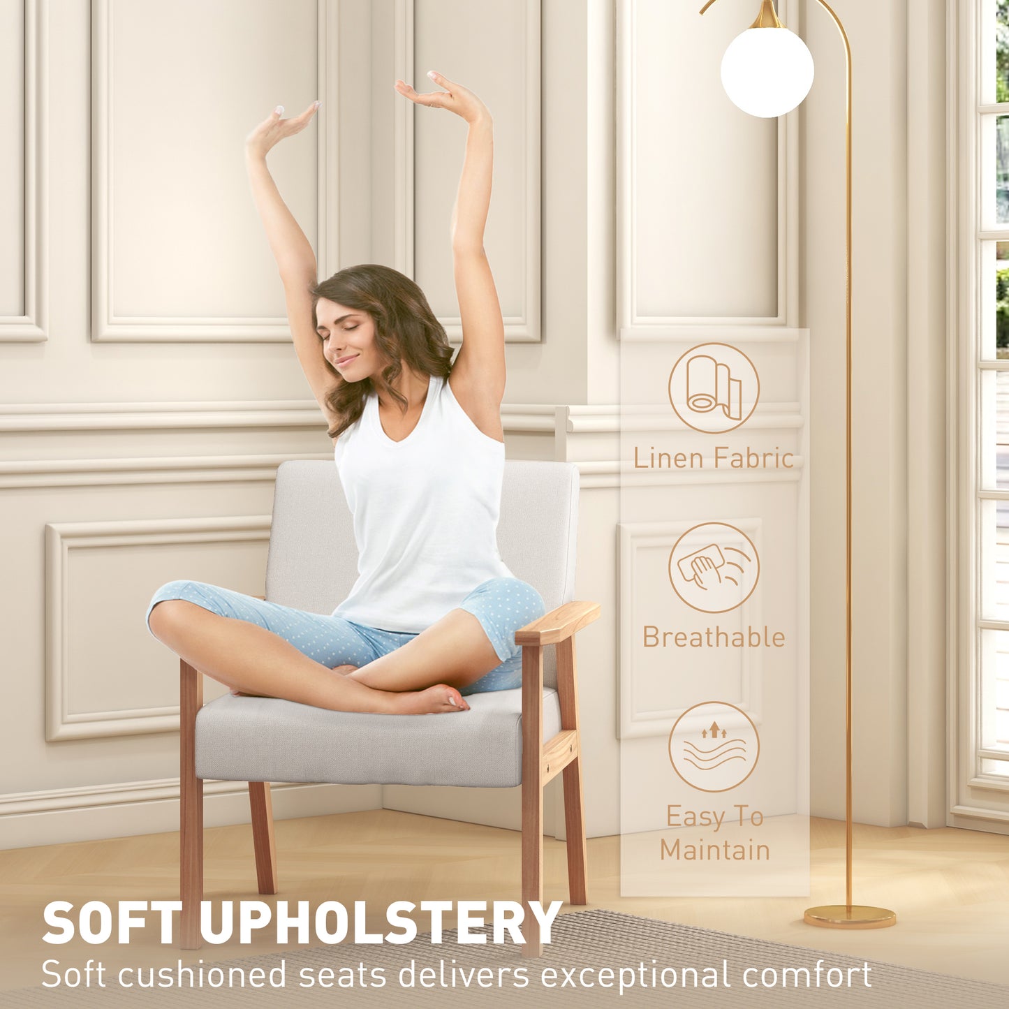 Retro Style Accent Chair Wood Frame with Thick Linen Cushions Wide Seat Armchair Home Furniture Bedroom Office Cream White