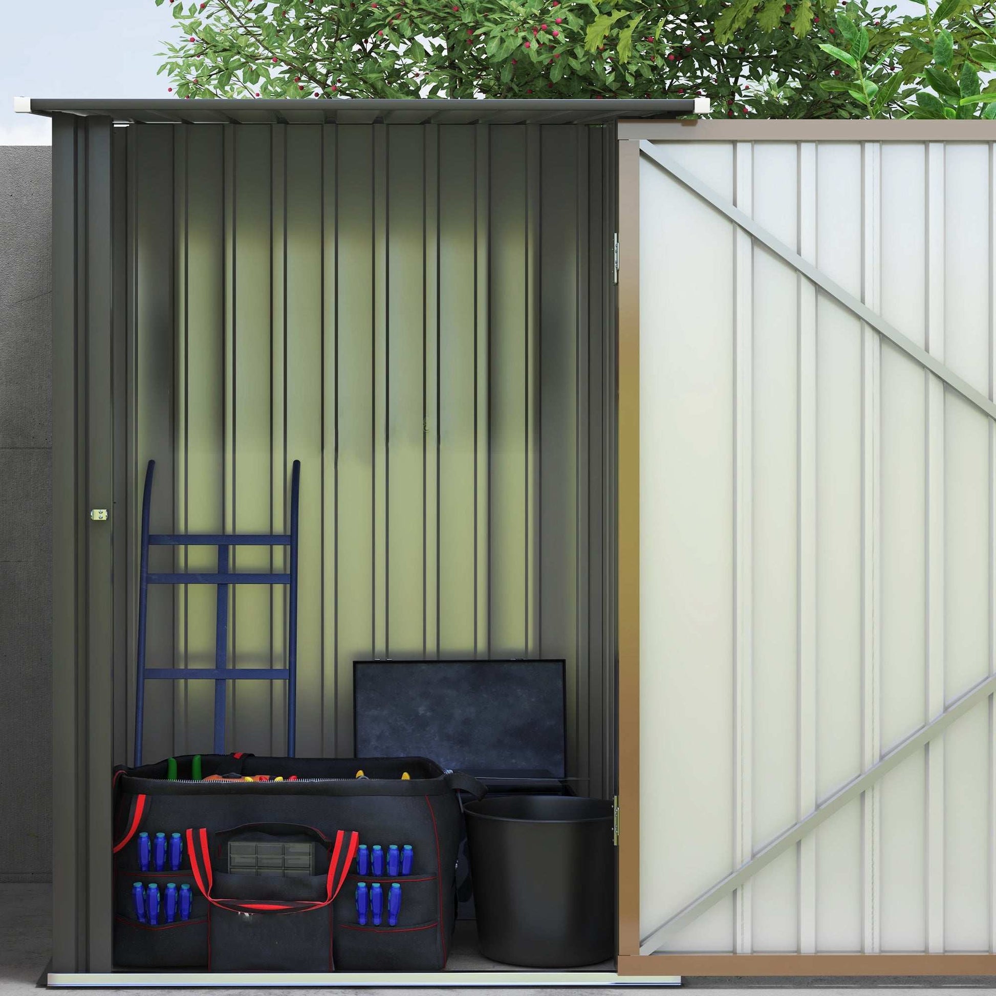3.3ft x 3.4ft Lean to Garden Shed, Metal Outdoor Storage Shed with Single Lockable Door, Tool Storage Shed for Garden, Patio, Lawn, Brown