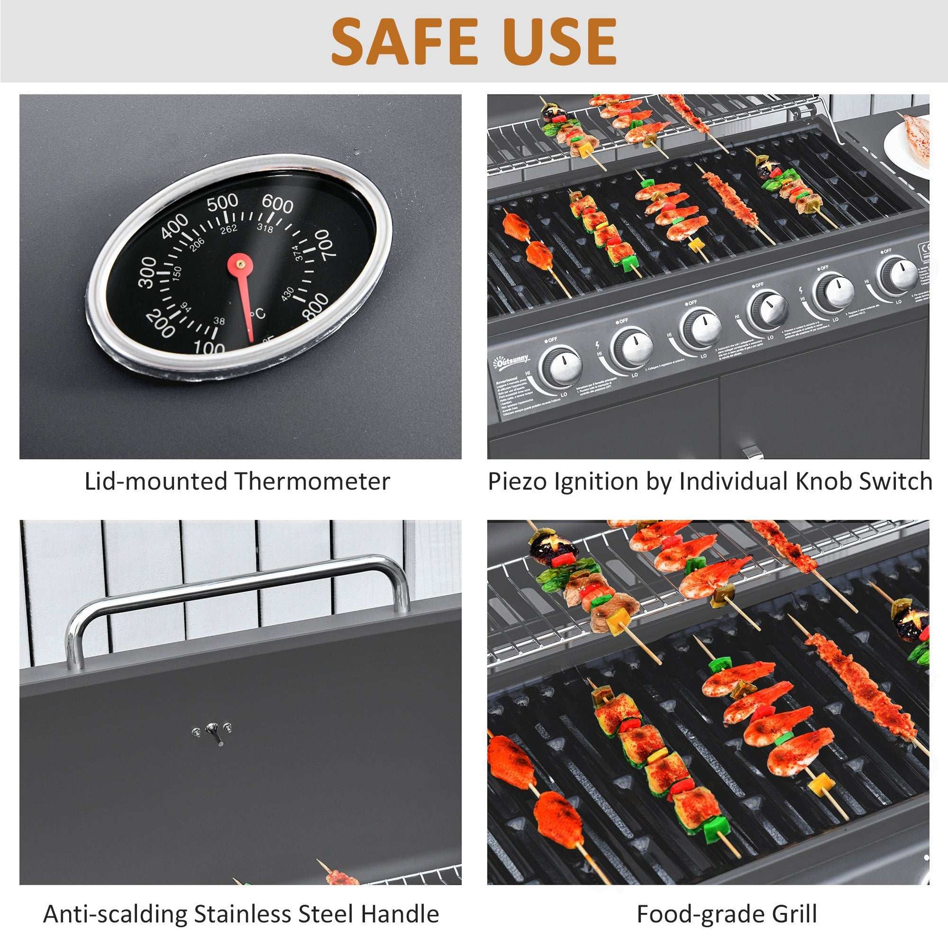 6+1 Burner Gas BBQ Grill, Outdoor Barbecue Trolley with Wheels, Warming Rack, Side Shelves, Cabinet, Thermometer for Garden, Party, Camping