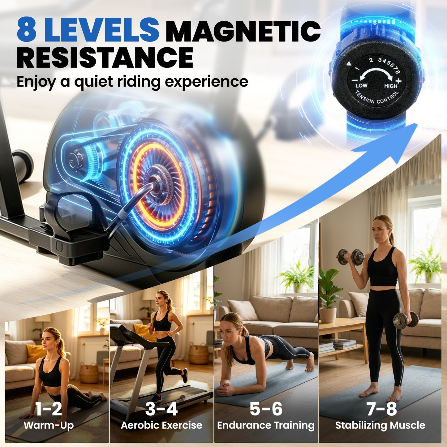Recumbent Exercise Bike | Bluetooth | Kinomap & Zwift | 8-Level Magnetic Resistance | Padded Seat & Backrest | 120kg | Blue