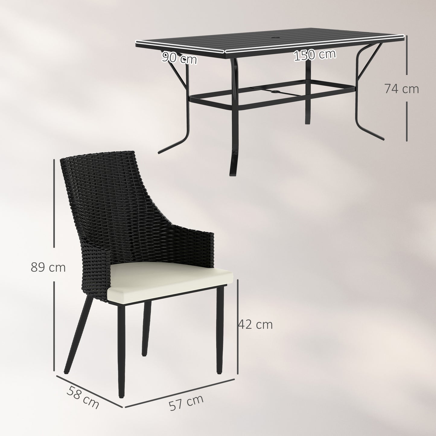 6 Seater Rattan Dining Set with Cushions, Garden Furniture Set with Armchairs, Rectangle Slatted Table Top, Wicker Outdoor Furniture, Cream White